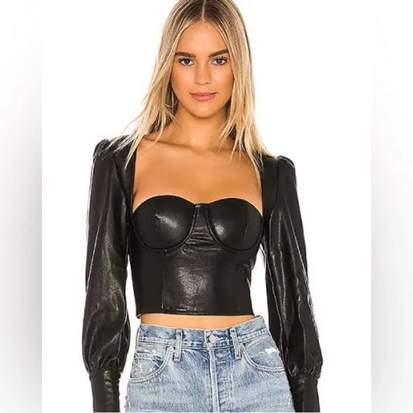 NWT NBD Black FIA Faux Leather Long Sleeve Crop Top Corset - Picture 1 of 8